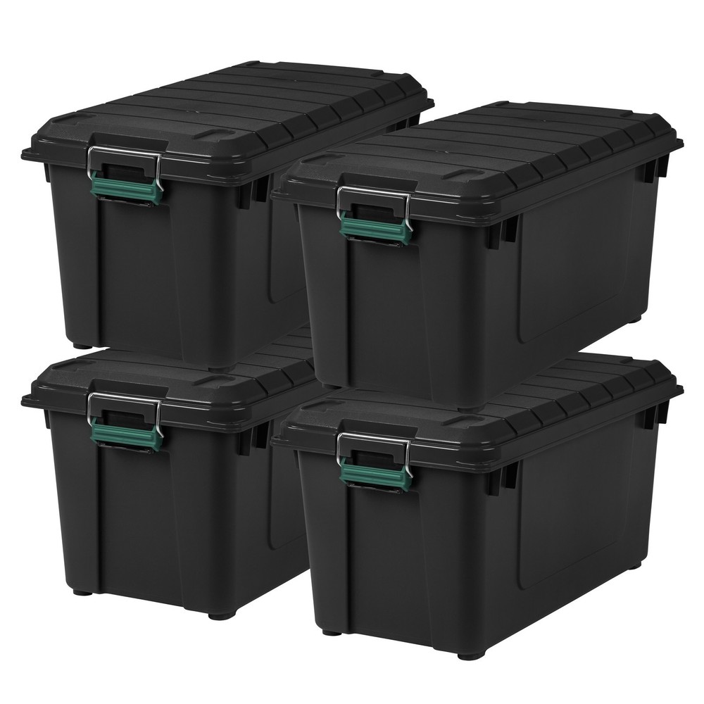 82 Qt. Black WeatherPro Plastic Storage Tote Stackable Water-Resistant Lockable