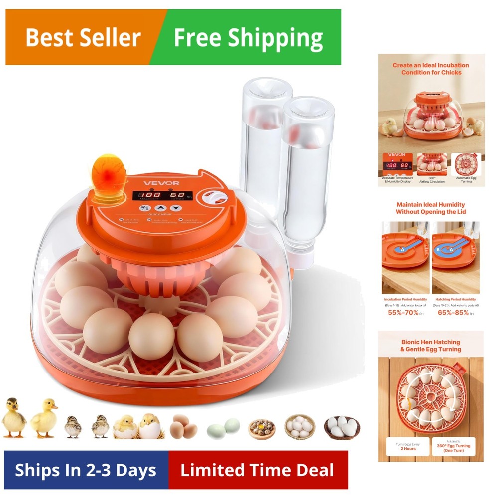 12 Egg Incubator, Automatic Egg Turner with LED Candler, Temperature & Humidi...