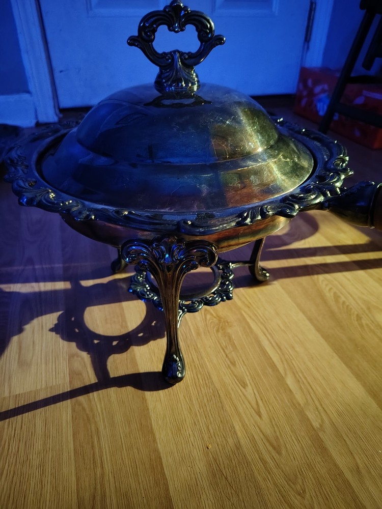 Silver Chafing Dish with Lid and Wooden Handle,