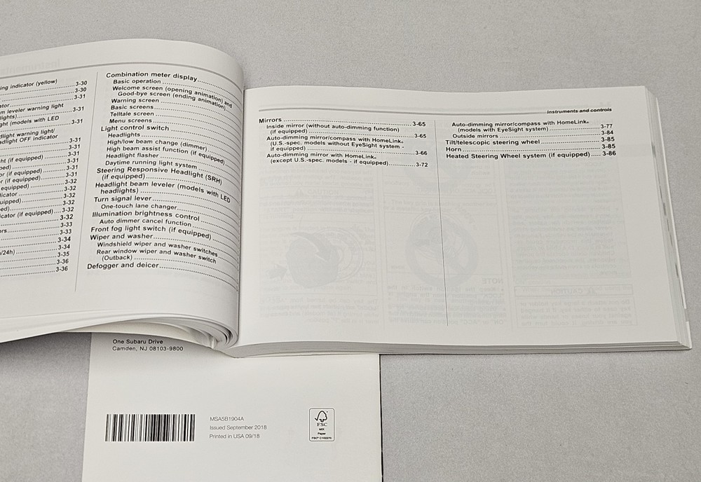 2019 Subaru Outback Owner's Manual & Quick Guide