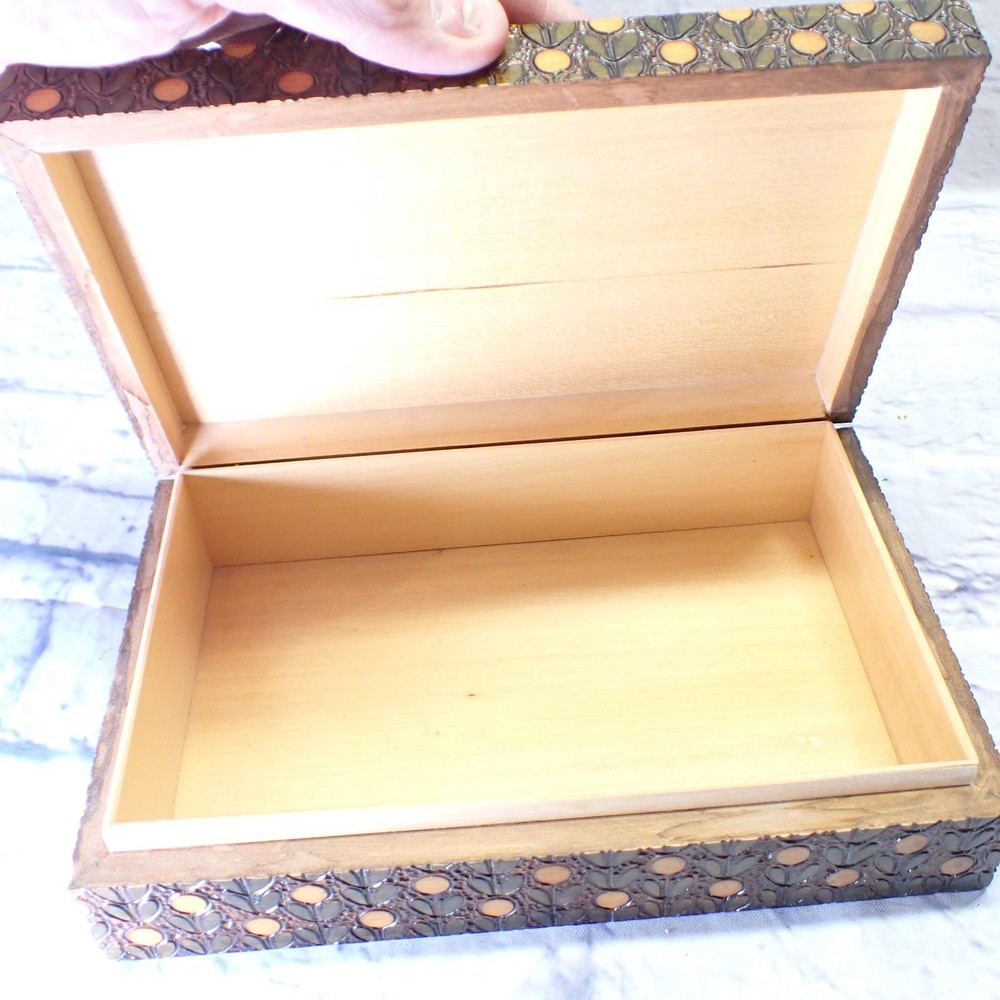 Cpt Ahab's Ltd Wood Keepsake Box Brown Leaf Pattern Rectangular Made In Poland