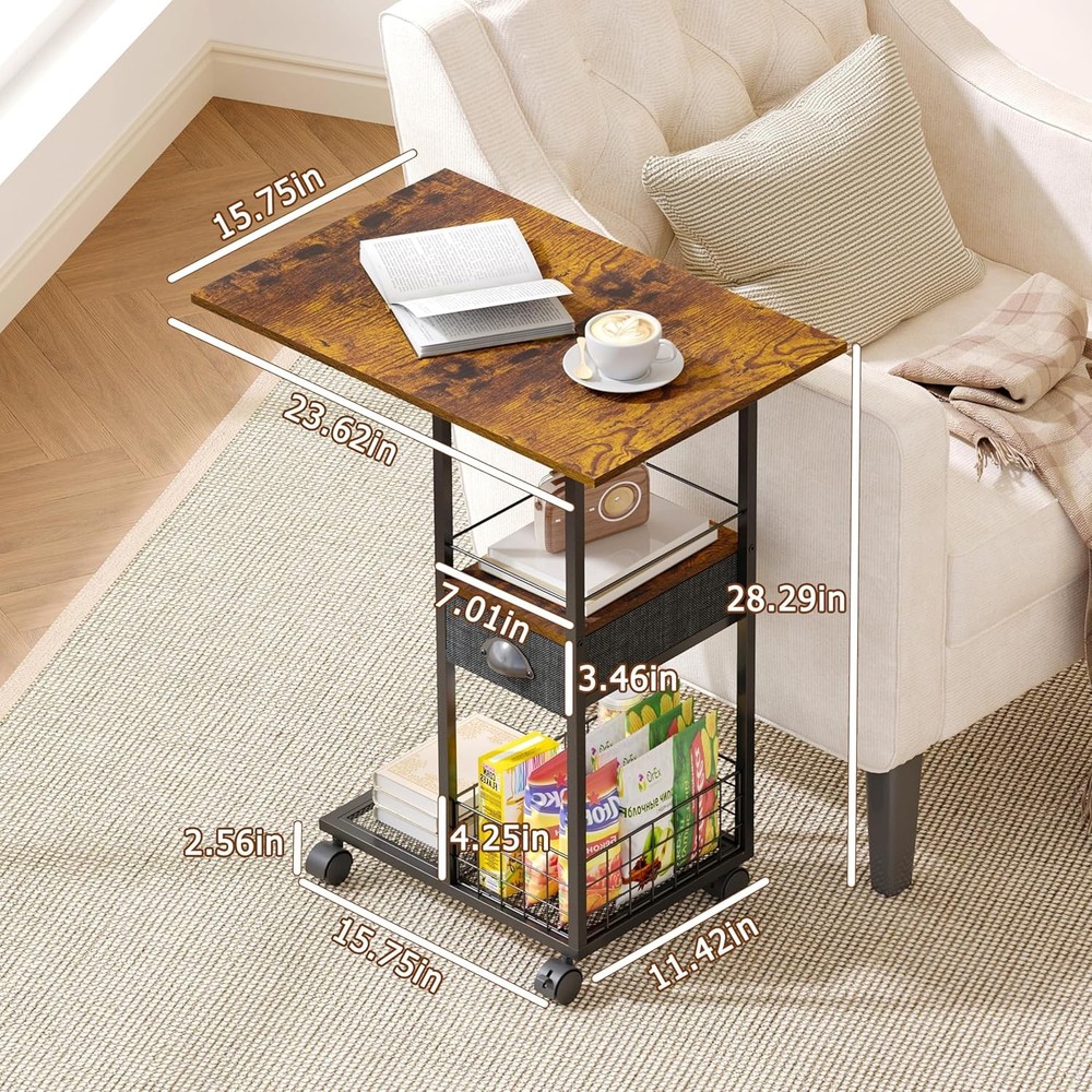Rolling C-Shaped Side Table with Wheels and Oversized Wood Top, Mobile Overbed