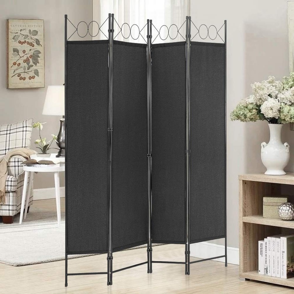 4 Panel Room Divider 6.8FT Steel Frame Screen Folding Privacy Black