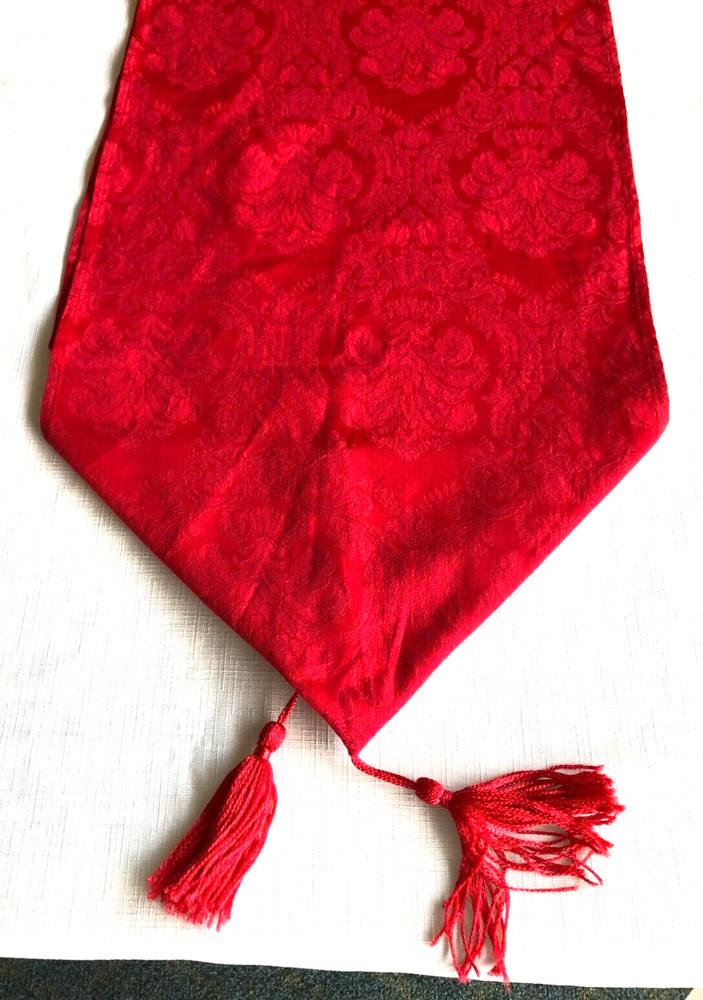 Christmas Table Runner, Damask, Tassels, Red, 48 x 13.5 in, Polyester