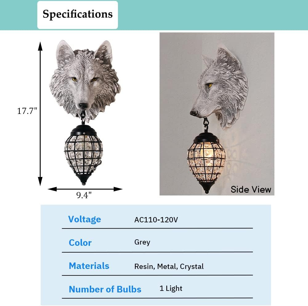 Rustic Wolf Wall Sconce with Crystal Shade - Farmhouse Decorative Light