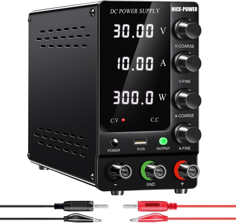 Regulated DC Power Supply 30V 10A: 4-Digit Display, USB, Stable Output Switch