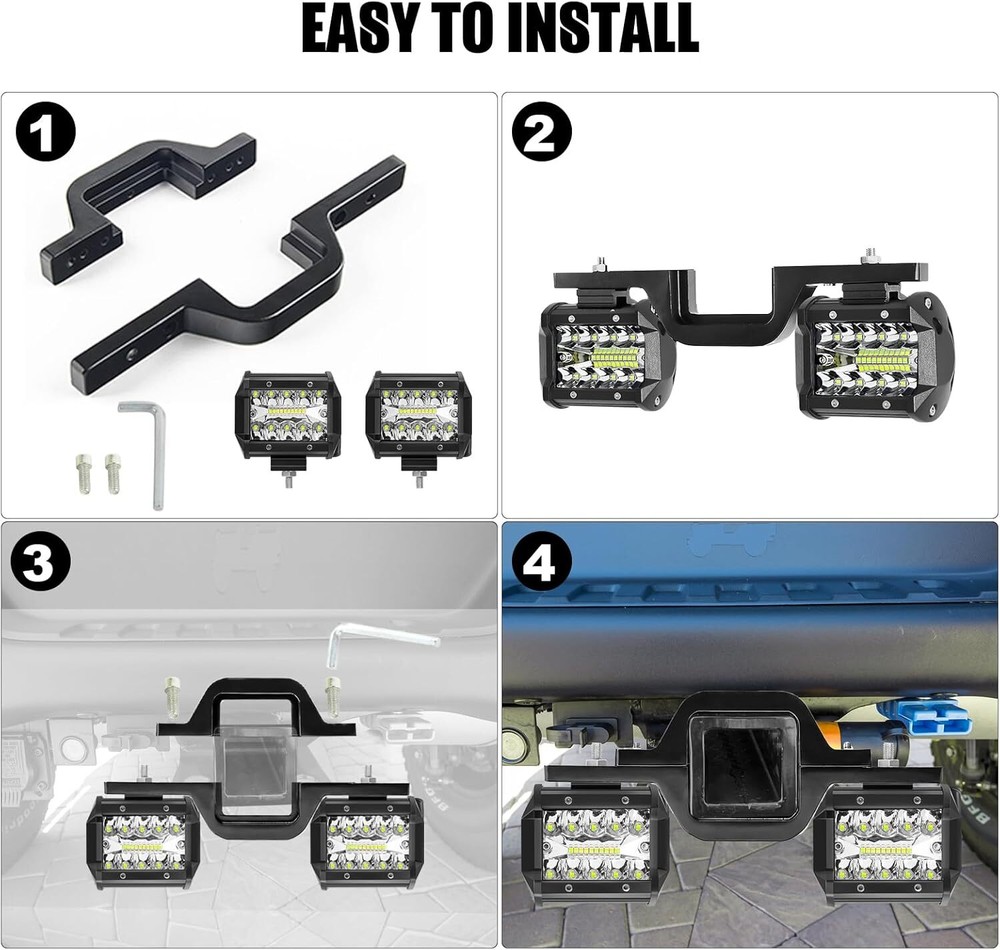Trailer Tow Hitch Mount Bracket + 4'' LED Combo Beam Offroad Work Reverse Lights