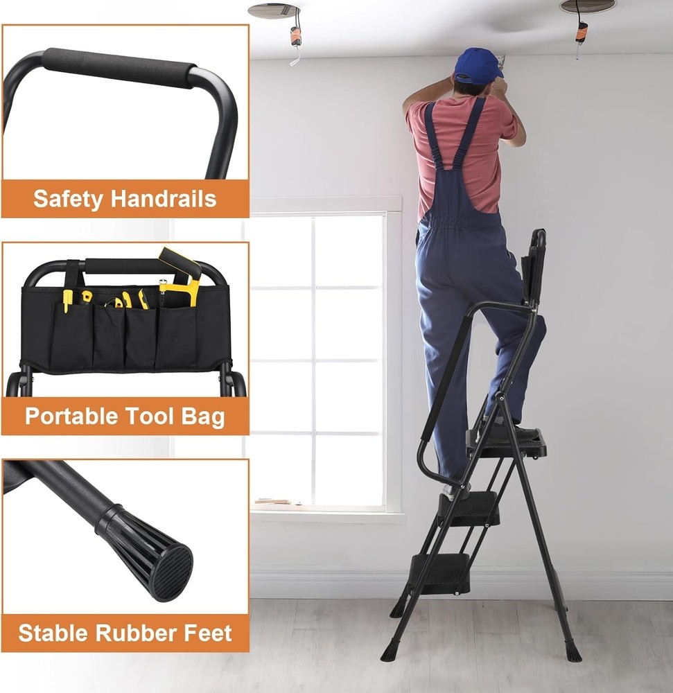 Versatile 3-Step Folding Ladder with Tool Bag - Maximum Safety & Stability
