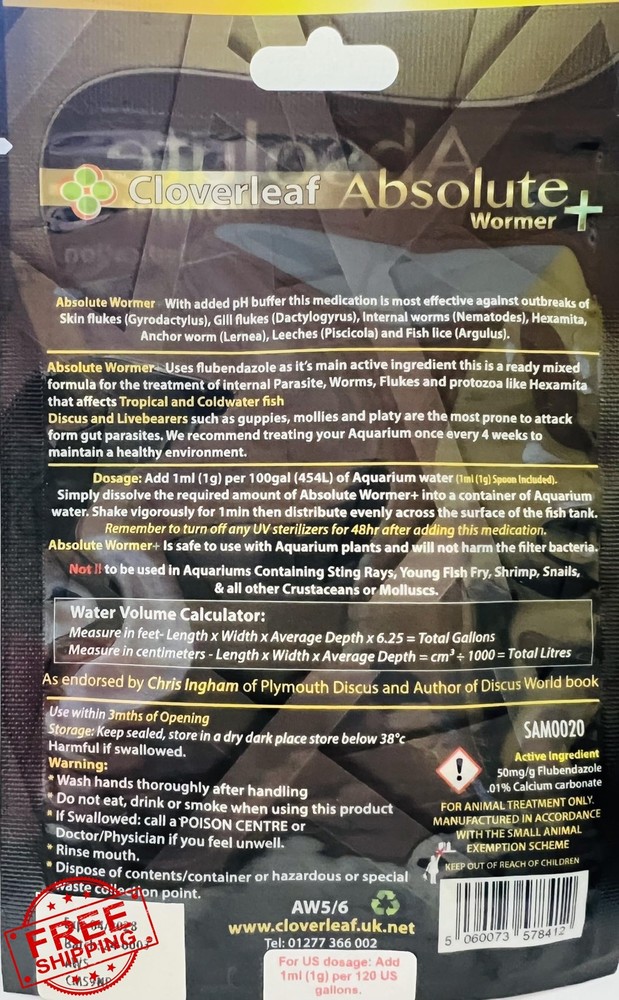 Absolute Wormer Plus 5g Fish Powder Aquarium Anti-wormer