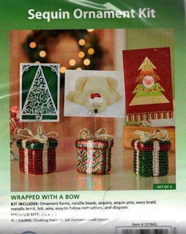 NIP!!! SEQUIN ORNAMENT KIT WRAPPED WITH A BOW MAKES 3