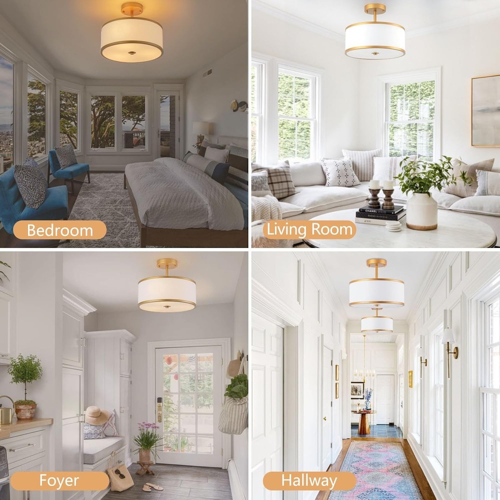 Bargeni 12.5" Ceiling Mount Light Drum Antique Brass White Fabric