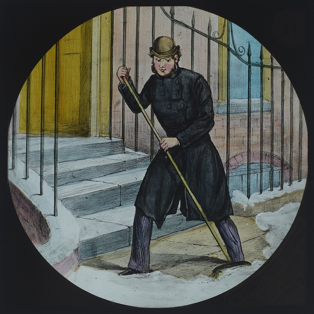 MAN SWEEPING SNOW FROM STEPS C1880 VICTORIAN HAND COLOURED Magic Lantern Slide