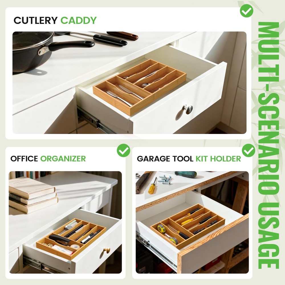 Bayting Bamboo Silverware Organizer, Kitchen Drawer Medium,