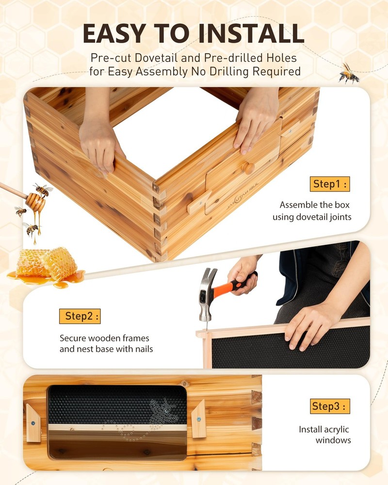 Bee Hive 10 Frame Deep Bee Box with Frames and Foundation, Beeswax Coated Lan...