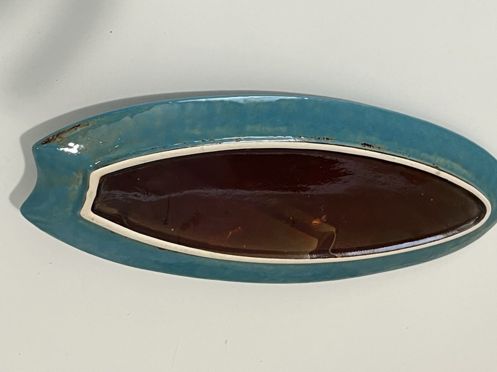 Studio Pottery Dish Teal Abstract Surfboard Shape Ceramic Art Tray 12”x4.5”