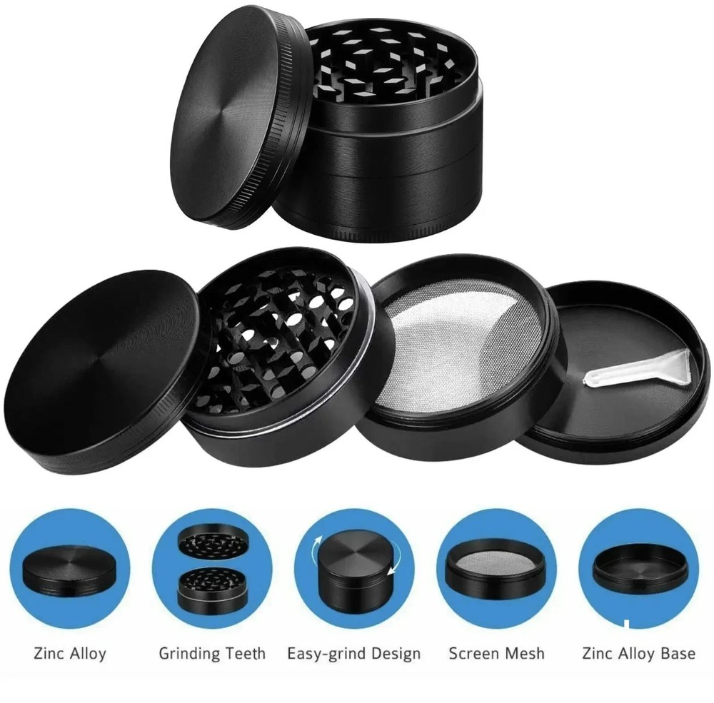 Solid Black 4-Piece Herb Grinder with Kief Catcher – Sharp Teeth & Magnetic Lid