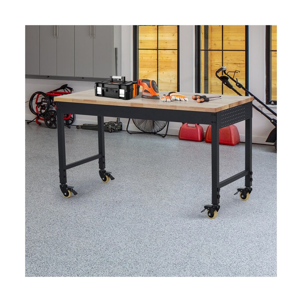 48" Adjustable Height Workbench, Rubber Wood Tabletop Work Table with Wheels,...
