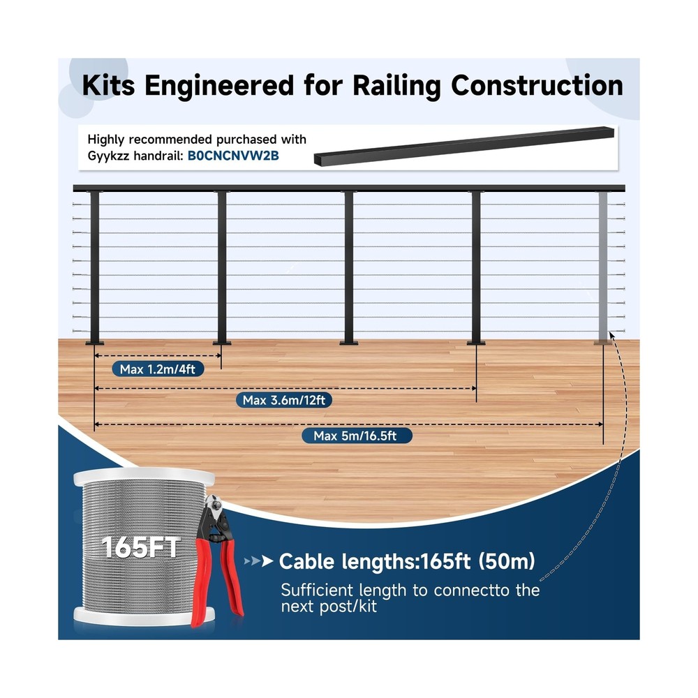 36" One-Stop Cable Railing Post Kit, 4 Pack Fixed Top Level Drilled Line Post...