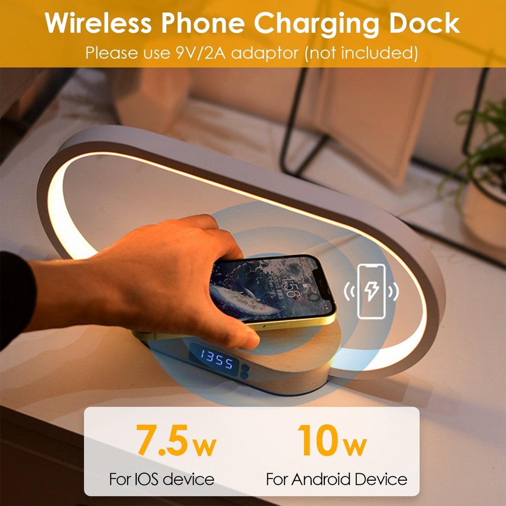 1 Set Bedside Table Lamp Touch Control Lamp With Clock Wireless Charging LED Des