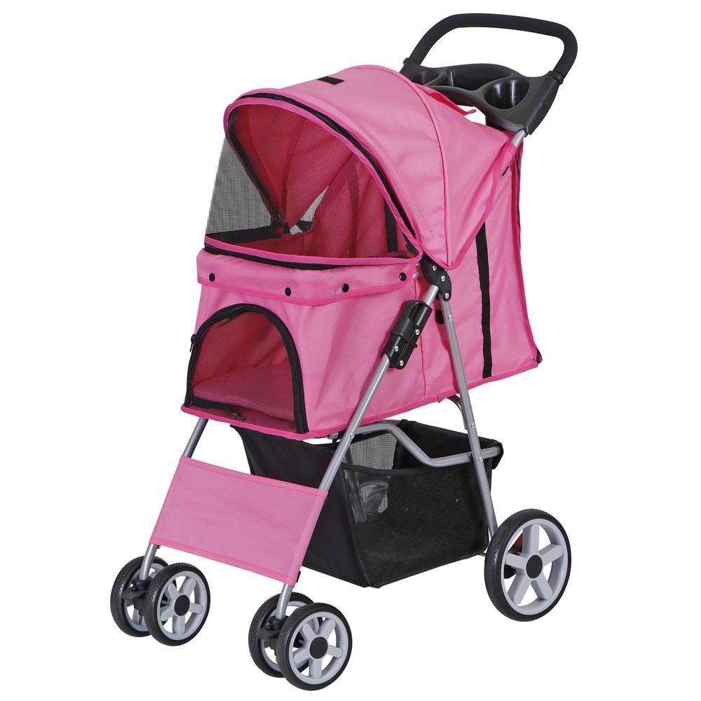 4 Wheel Pet Stroller Foldable Dog Stroller Cat Stroller with Storage Basket Pink
