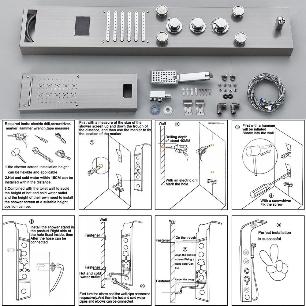 ELLO&ALLO Shower Panel Tower System Brushed Nickel LED Rainfall Massage Jets Tap