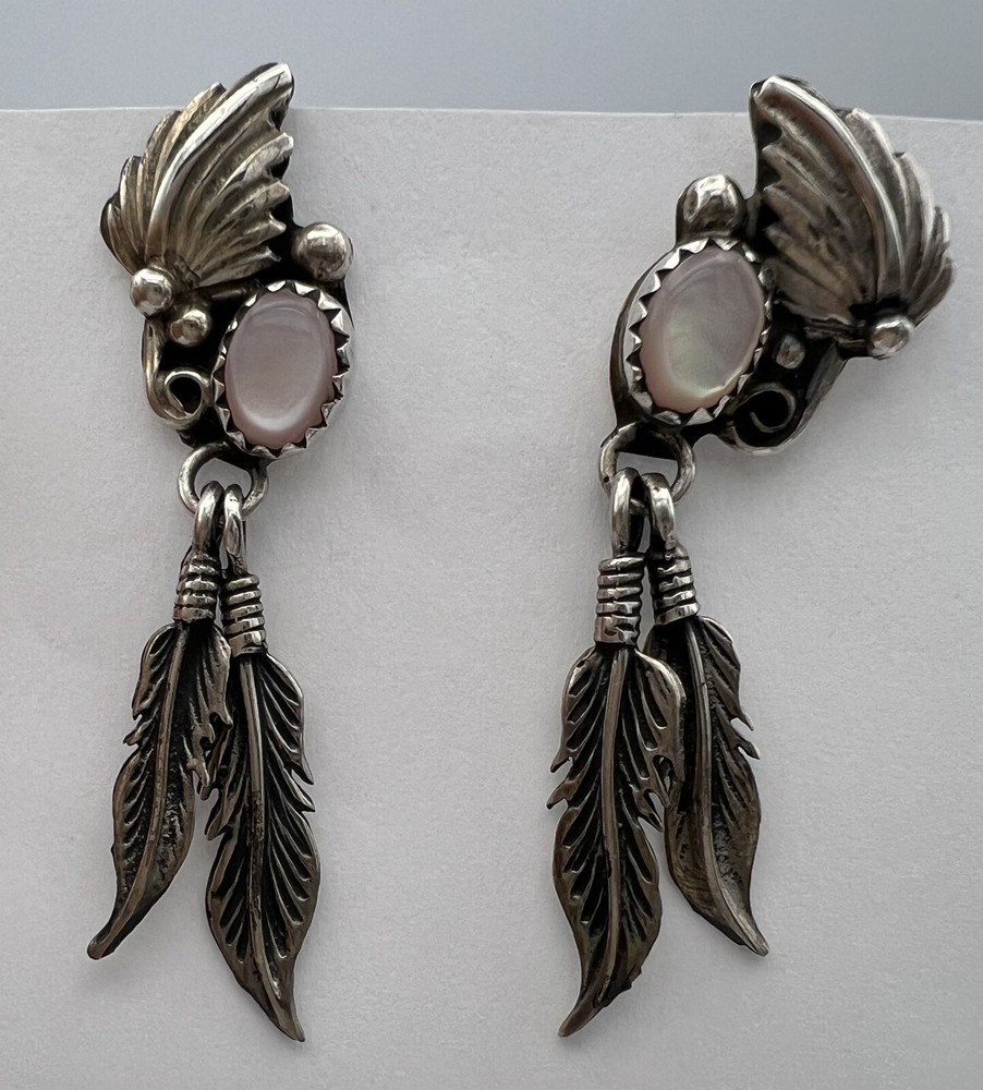Southwestern Dangle Feather Pink MOP Post Earrings 1.6”
