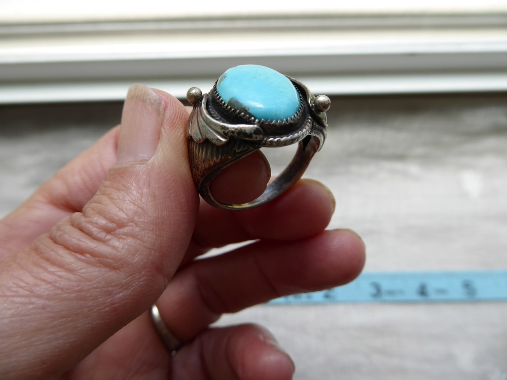 LARGE Navajo Silver & Turquoise Ring size 10 1/4 Signed-Vintage