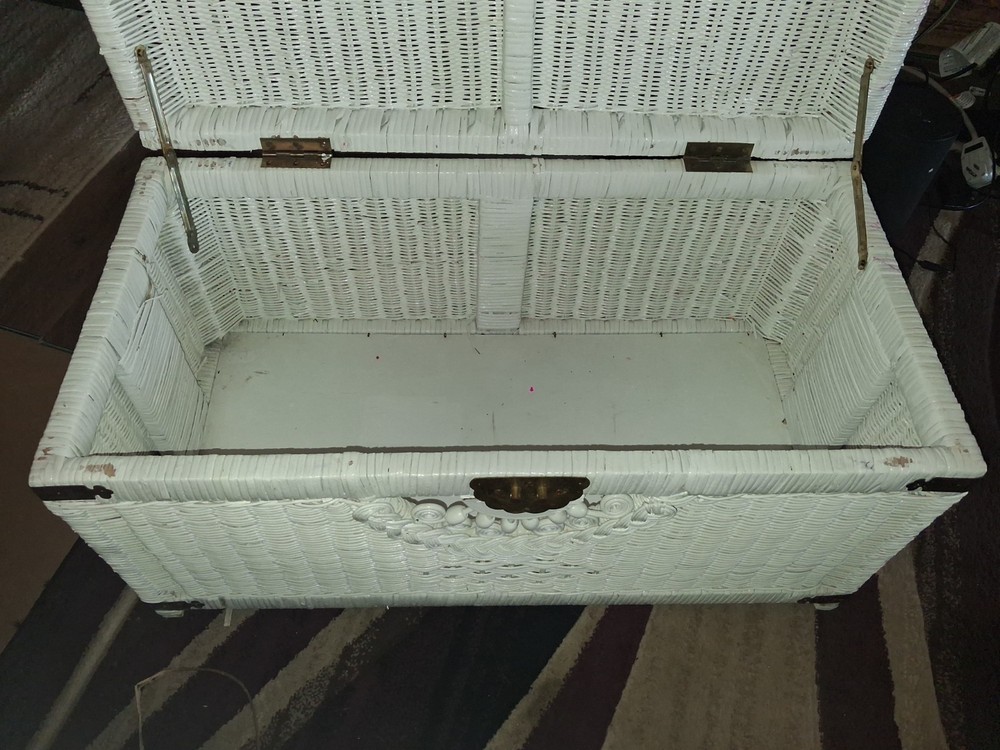 vintage white wicker peacock trunk
