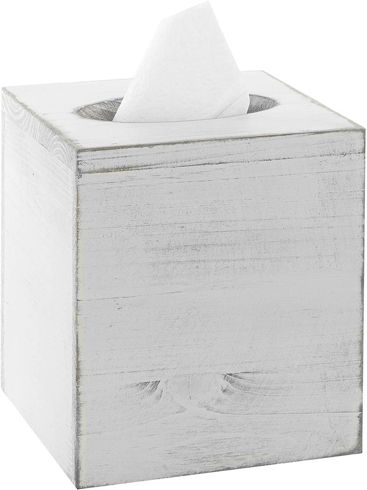 White Wood Decorative Tissue Box Cover w/ Slide-out Bottom Panel, Tissue Holder
