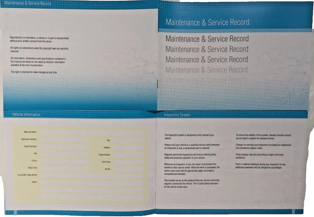 Kia Generic Replacement Car Service History Book New Handbook Blank BLUE