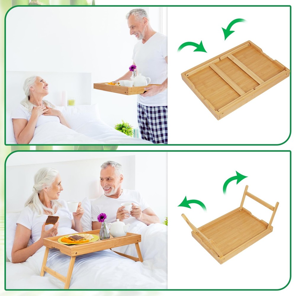 Bed Tray Table with Folding Legs, Bamboo Breakfast Tray with Handles for Bed,...