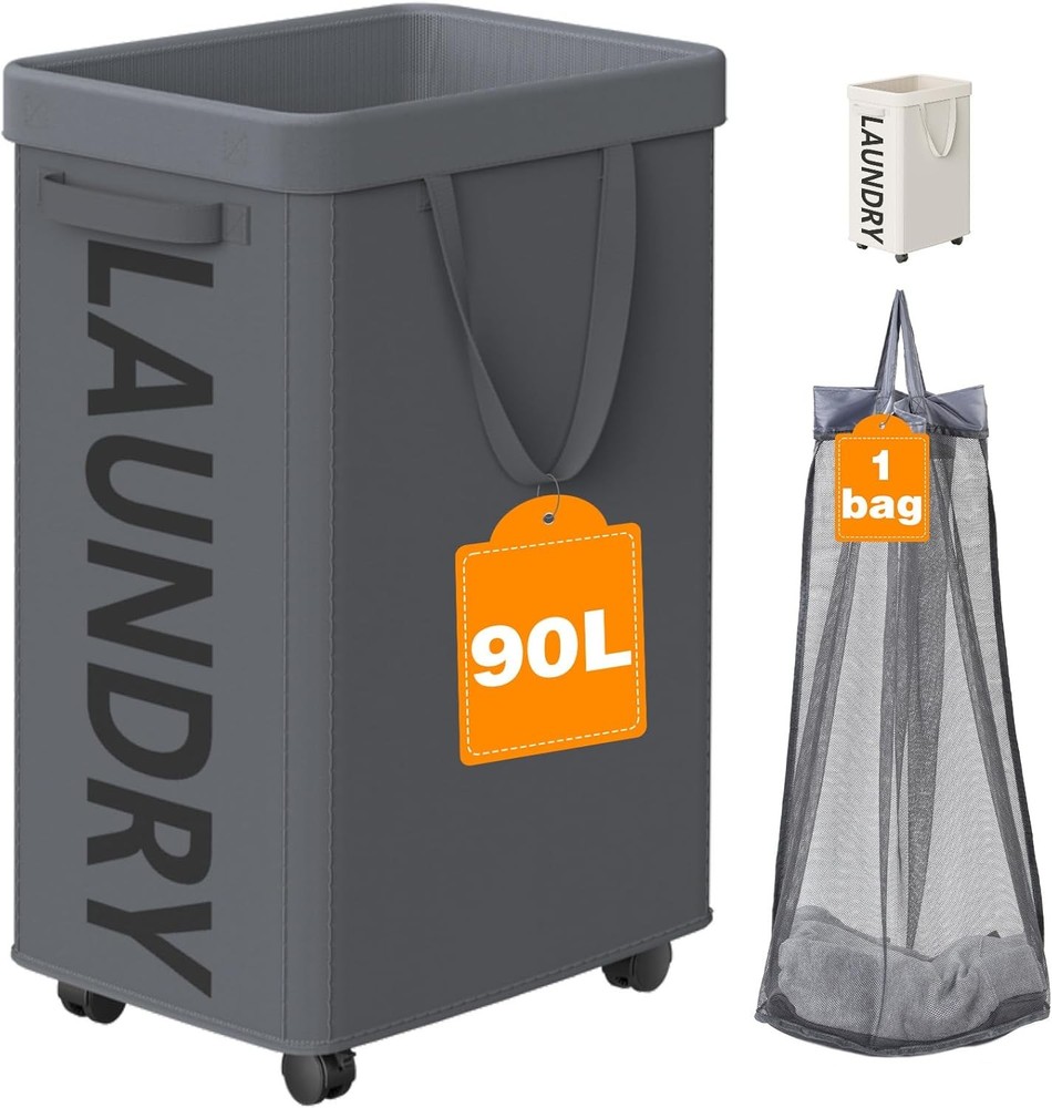 Laundry Basket with Wheels, Rolling Laundry Hper with Wheels, Lar