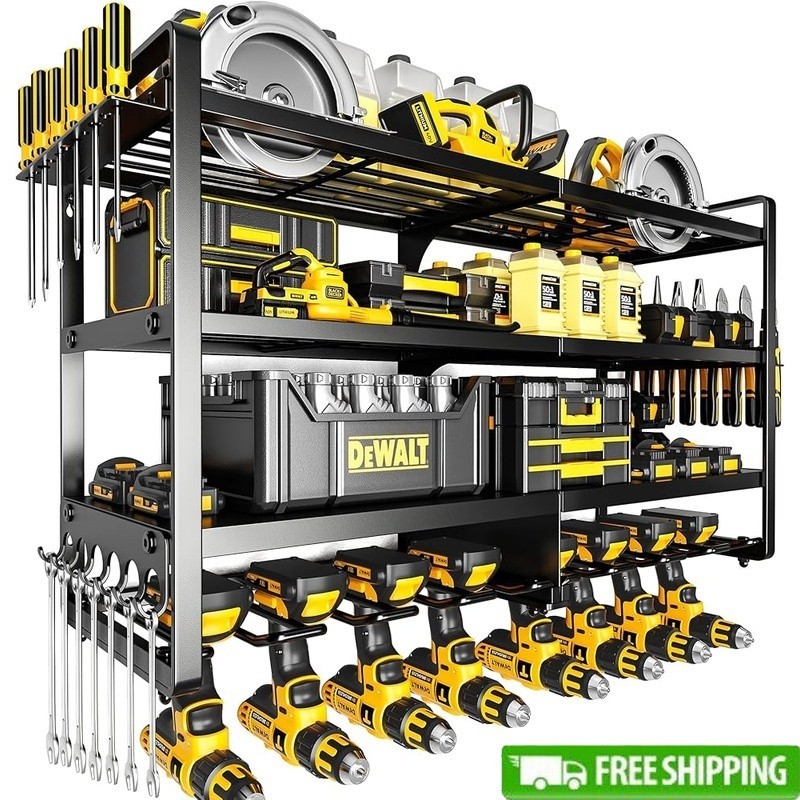 Heavy-Duty 4-Layer Tool Rack Industrial Steel Tool Holder Organizer Wall Mount