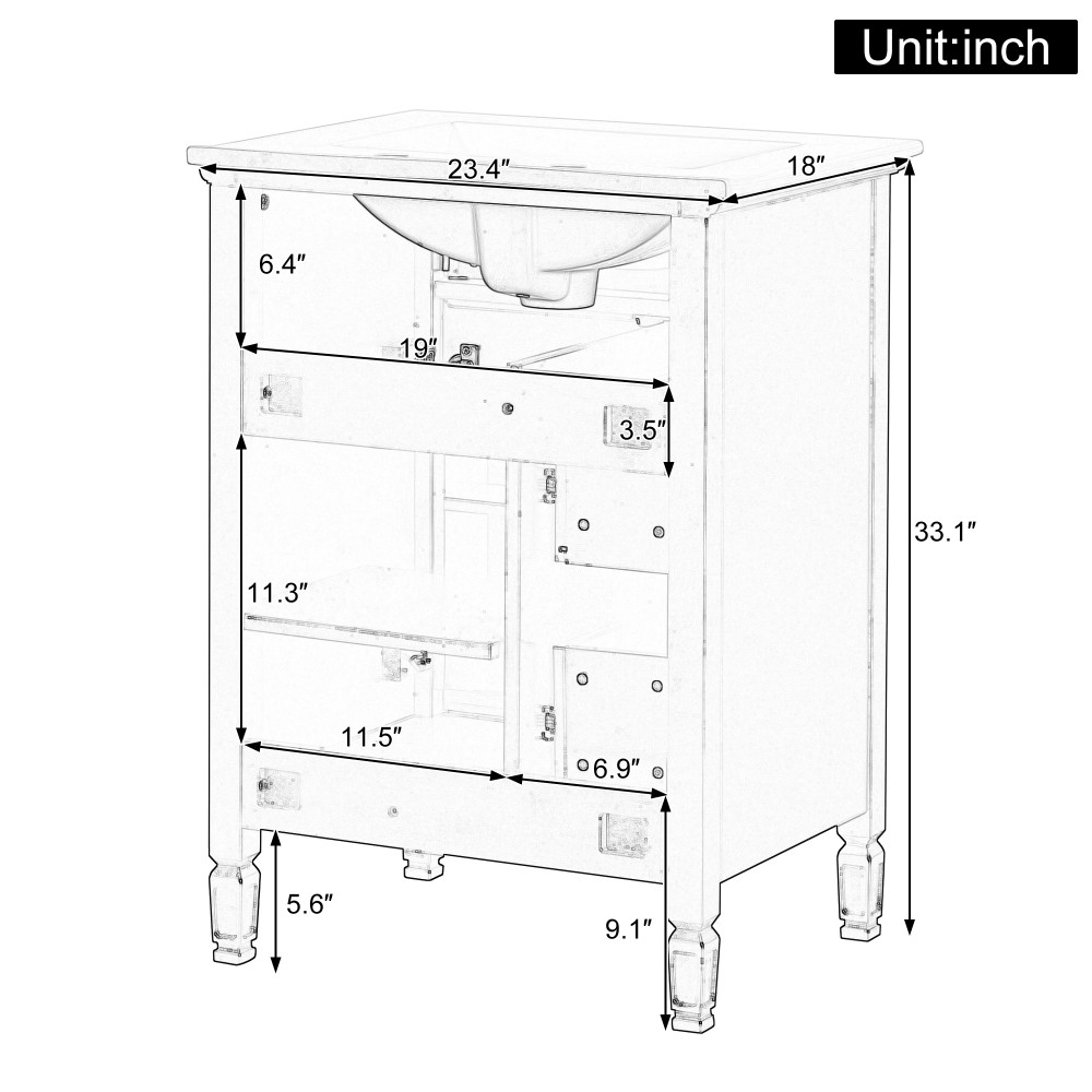 24" Black MDF Bathroom Vanity with Sink and Storage Drawers