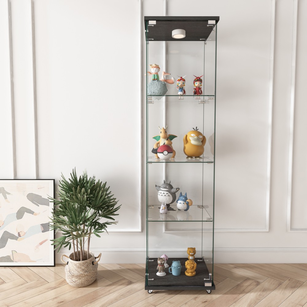 Glass display cabinet with LED lighting, glass doors, and remote control