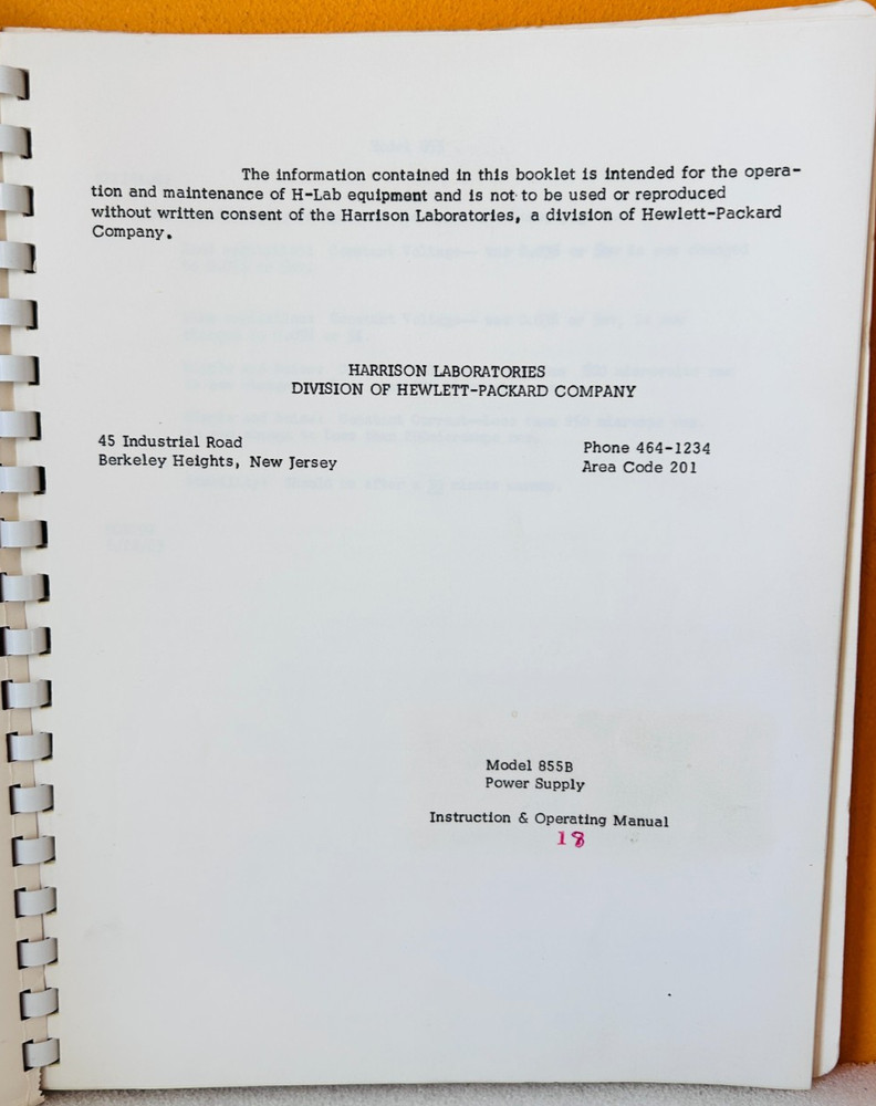 HP Model 855B Regulated Power Supplies Instruction & Operating Manual.
