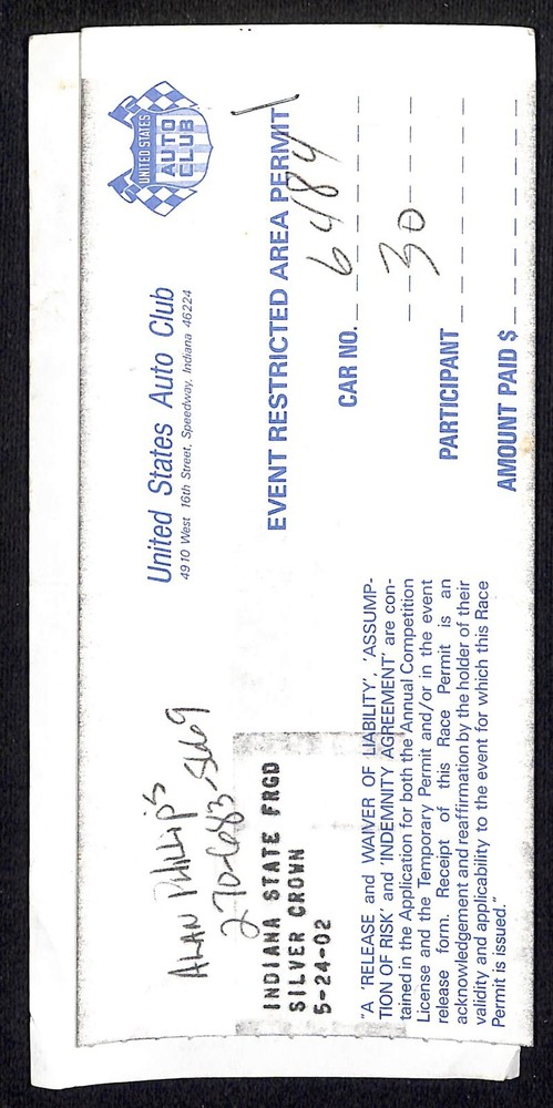 2002 Hoosier Hundred 100 Pit Pass & USAC Restricted Area Permit