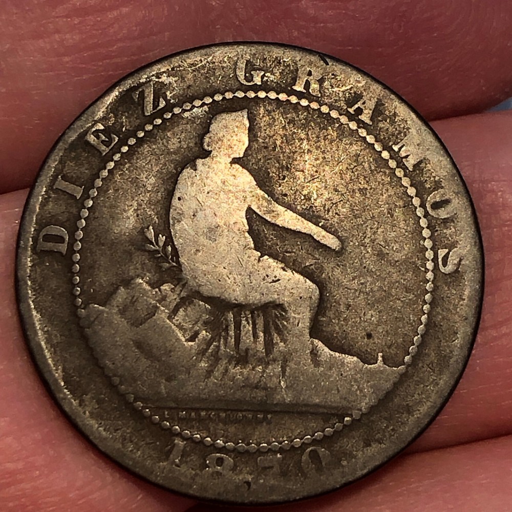 1870-OM Spain 10 Centimos Copper Coin - G (Good) condition