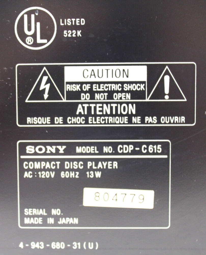 SONY CDP-C615 5 Disc Automatic Disc Loading System Tested w/o Remote