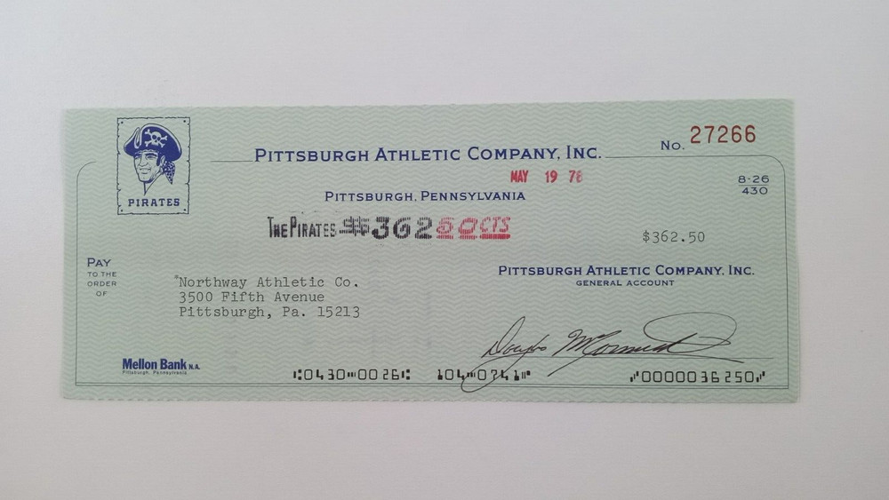 Northway Athletic Co.: 1978 Pittsburgh Pirates Expense Check