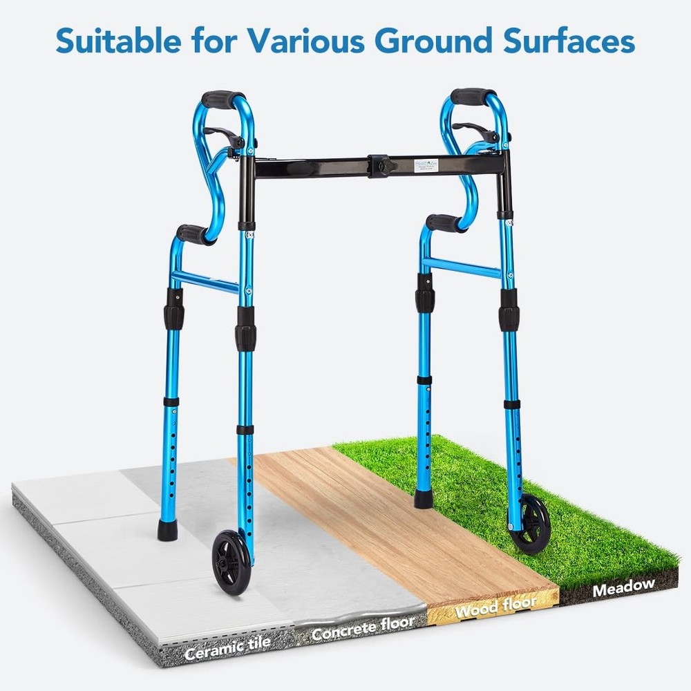3 in 1 Folding Walker with 5” Front Wheels by Width Adjustable Compact Stand