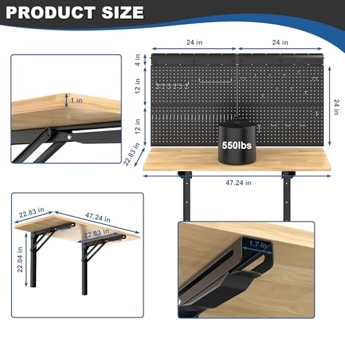 Wall Mounted Workbench with Pegboard, Folding Down Work Table Metal Pegboard