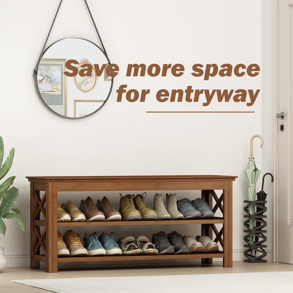 Shoe Rack Bench with Storage 3 Tier Bamboo Shoe Bench Entryway Rustic Solid W...