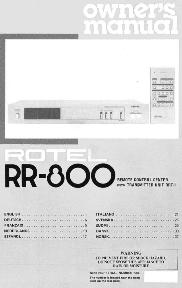Rotel RR-800 Remote Control Owners Manual