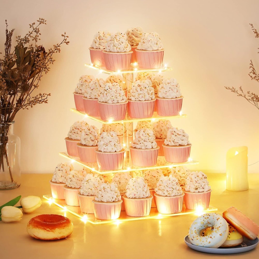 4 Tier Cupcake Stand with LED String Light, Acrylic Display Stand, Warm