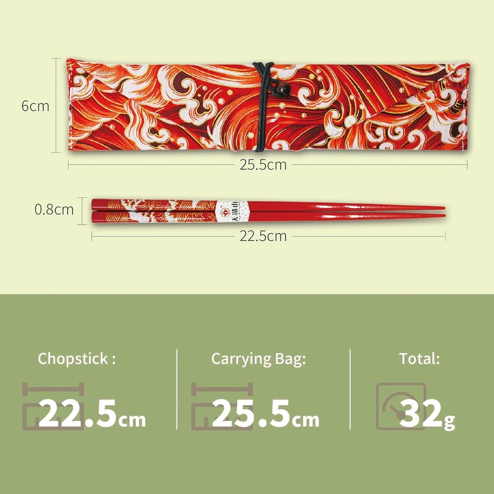 Chopsticks Reusable with Case, Bamboo Chopstick Gift Set Red Ocean Wave Pattern