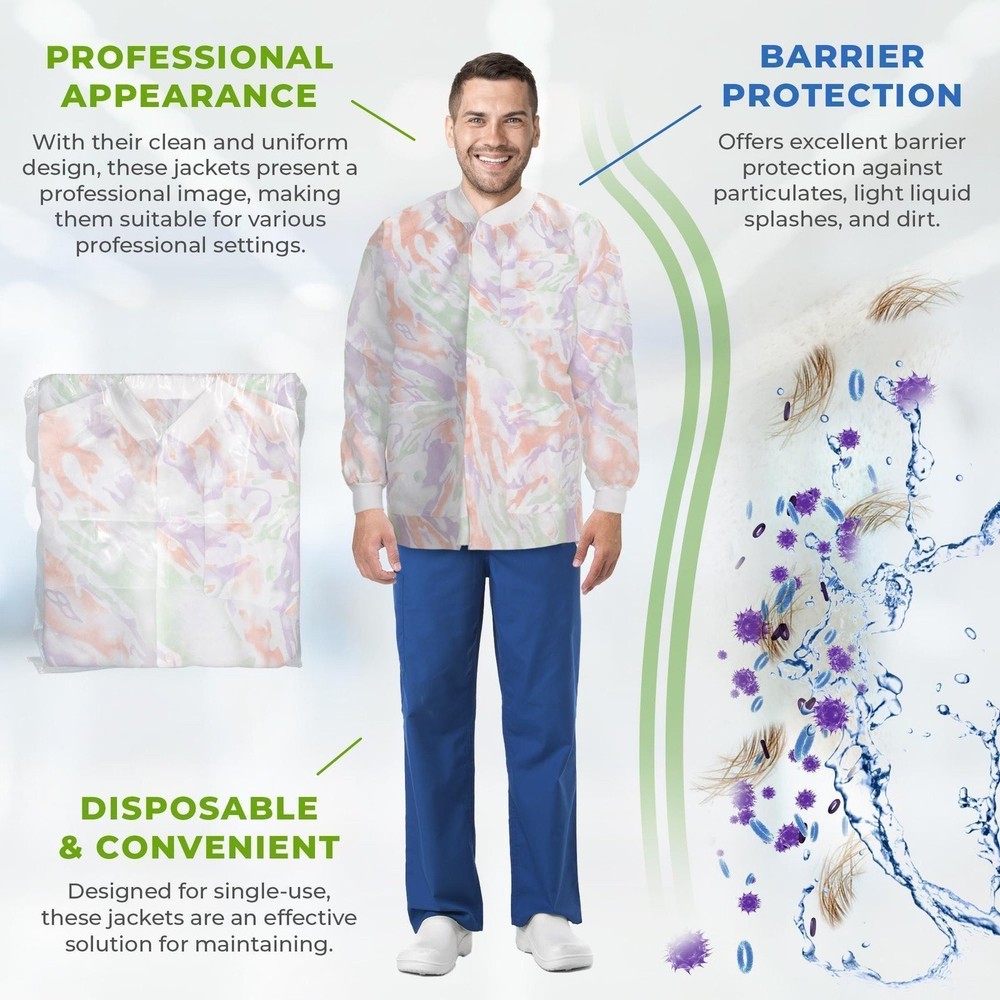 Multicolor Disposable Lab Jackets SMS Snap Front 100 Count Medium Size