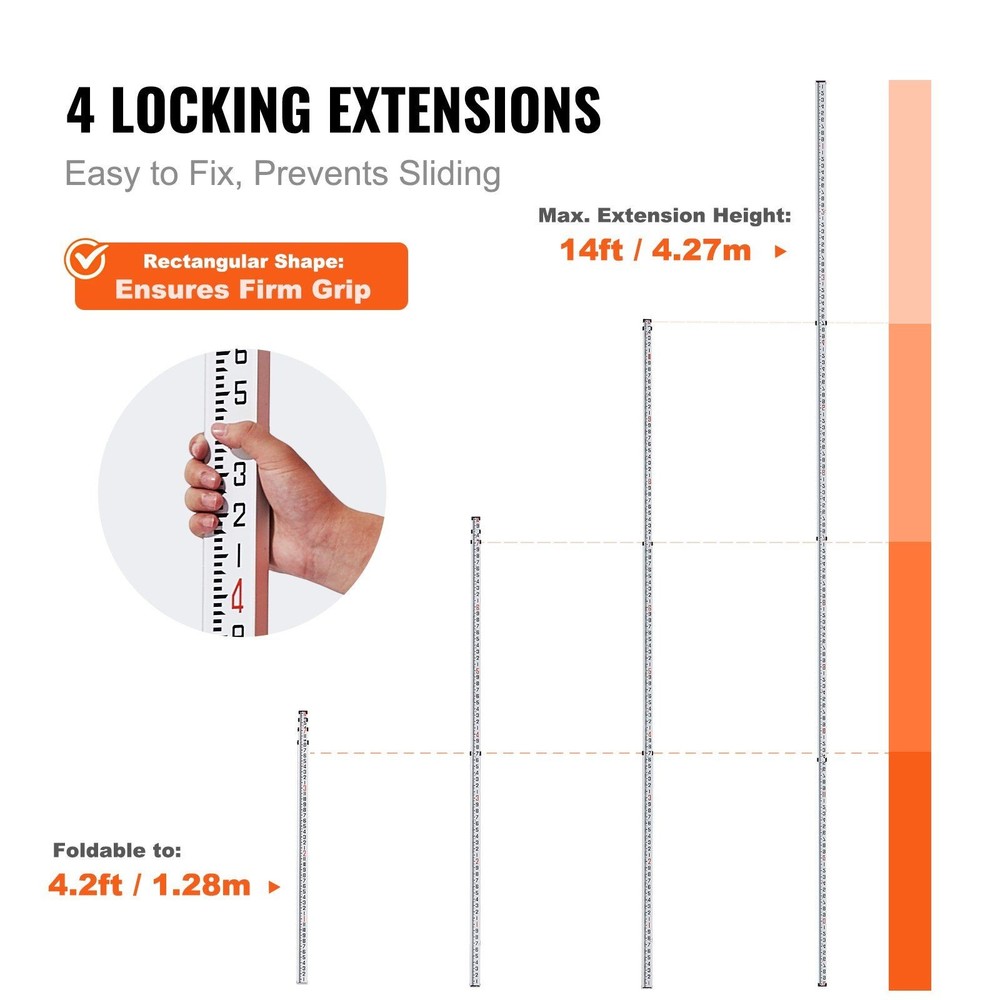 14ft Aluminum Measuring Rod: 4-Section, Rectangular, Dual Markings, Level
