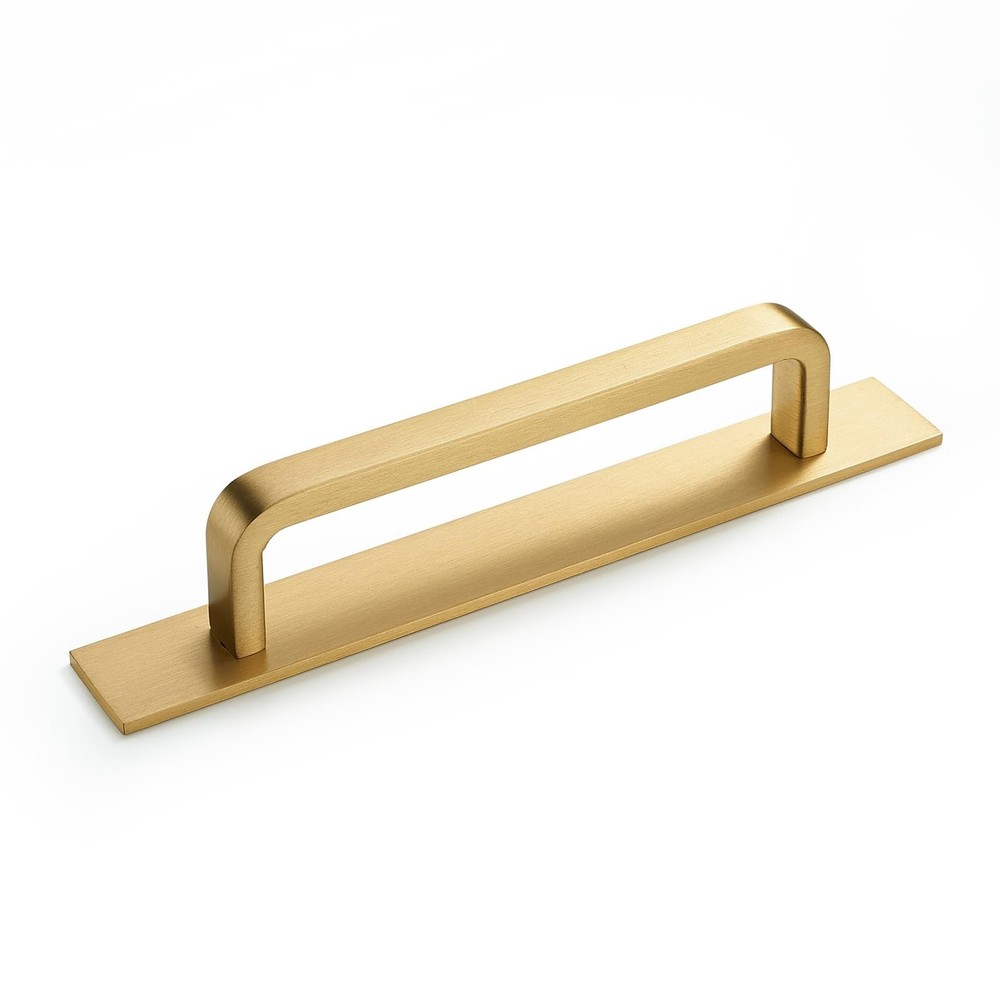 Solid Brass Cabinet Pull with Backplate, 2 Pack Brushed Gold Modern Drawer Ha...