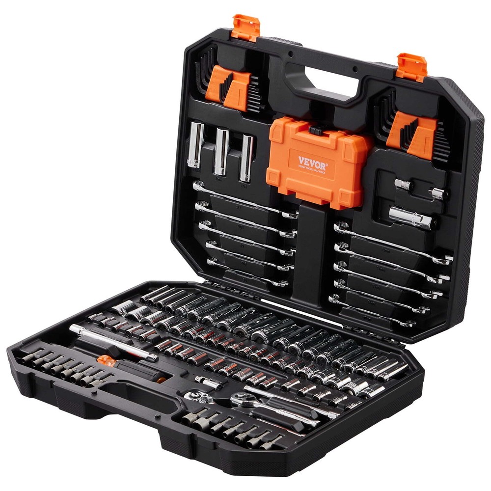 145 SAE and metric mechanical tool kits with drill bits and hex wrenches